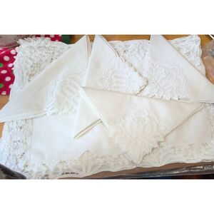 Vintage B M Jabara  Linen Cotton Battenberg Lace Placemat Napkin Set 8 Each